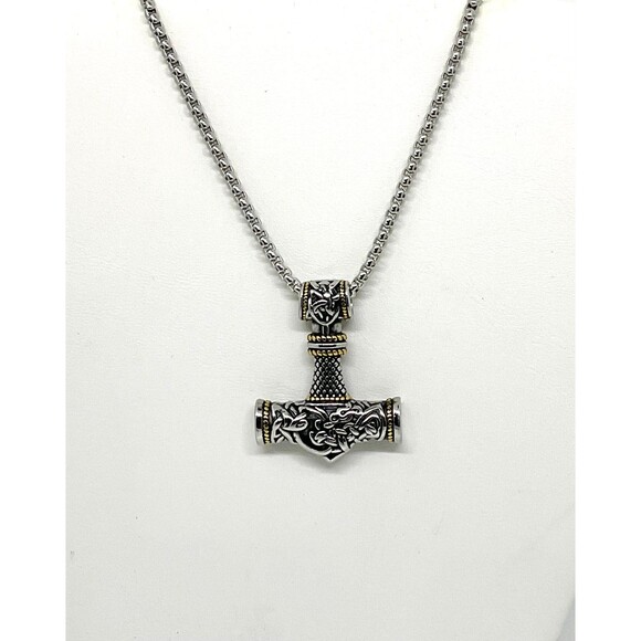 Oxidized Stainless Steel Hammer Pendant Necklace with ION Plated YG - (L 23.5”) - Picture 2 of 4